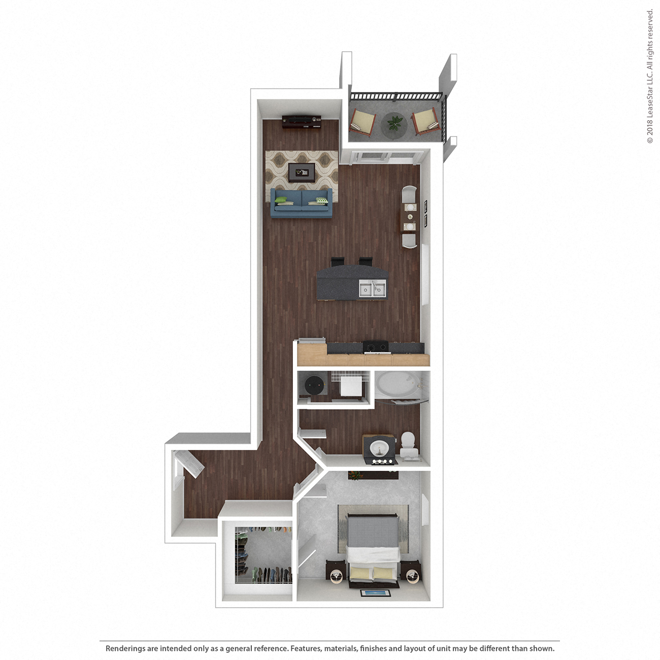 Floor plan for 1 bed, 1 bath, 712 sqft
